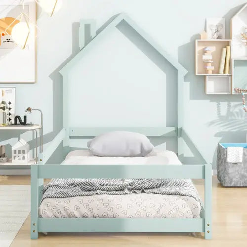 Twin Size Wood Bed With House-shaped Headboard Floor Bed With Fences,Light Green My Store