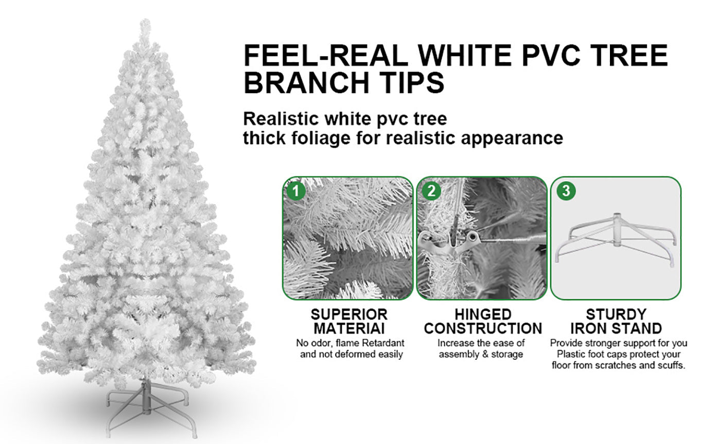 9ft White Christmas Tree with Memory Wire, 1910 Tips Hinged Artificial PVC Tree Ohberri