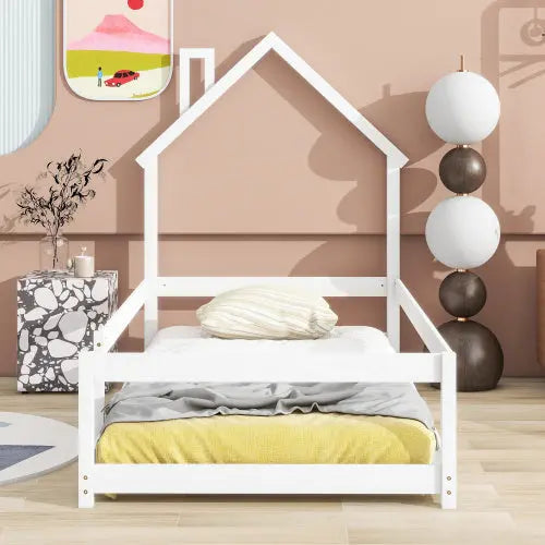 Twin Size Wood Bed With House-shaped Headboard Floor Bed With Fences,White My Store