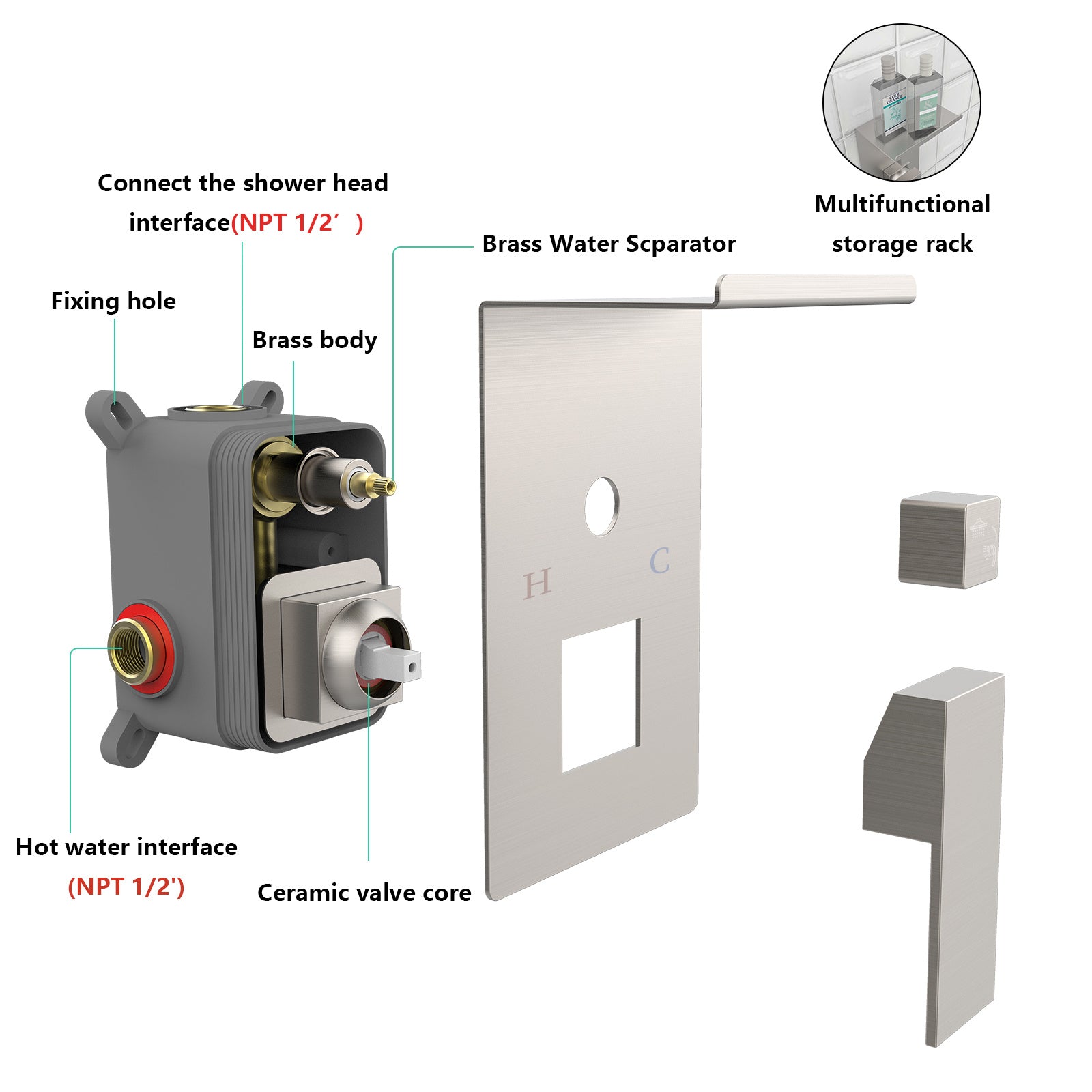 Rainfall Shower System With Storage Rack 10 Inch Shower Faucet Set Brushed Nickel With High Pressure Inkedjoy