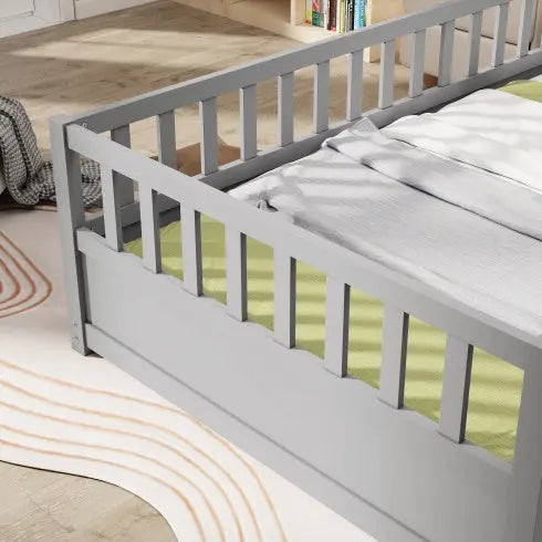 Twin Size Floor Bed, Integral Construction With Super High Security Barrier, Door, Children's Floor Bed Frame, Montessori Wooden Children's Floor Bed, Support Slat White My Store