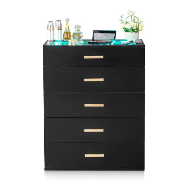 5-drawer Cabinet With Light Tempered Glass Cabinet And Bedside Table My Store