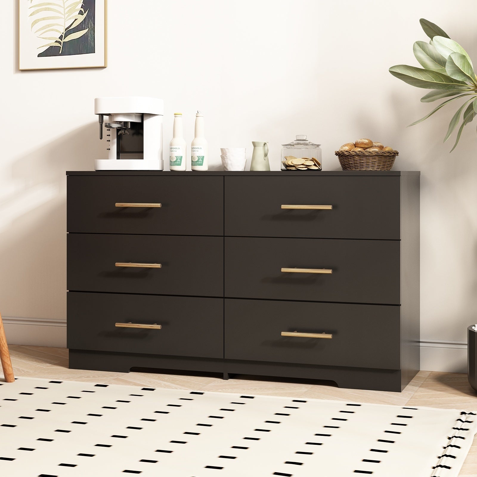 Black Color Large 6 Drawers Chest Of Drawer Dressers With Golden Handle Inkedjoy