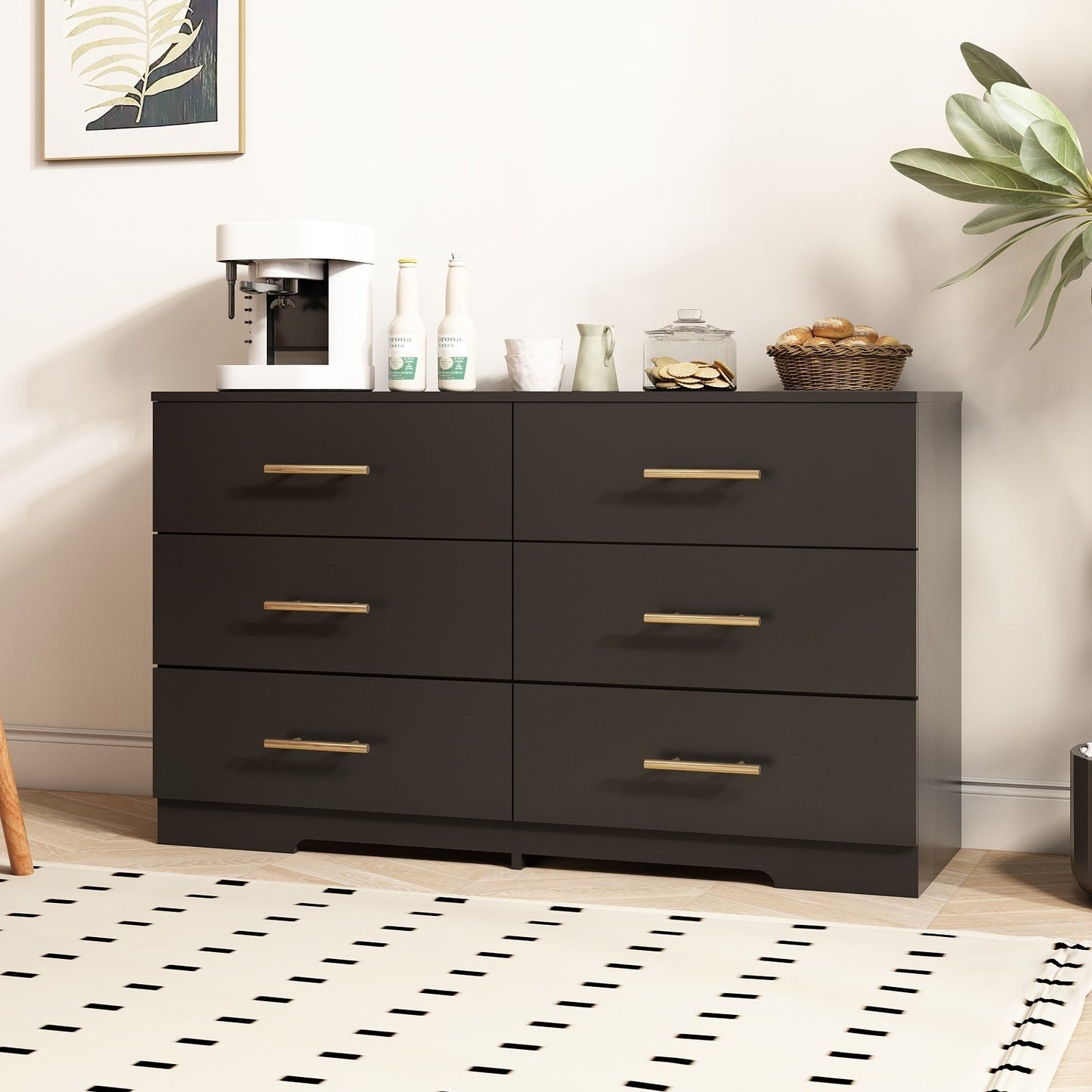 Black Color Large 6 Drawers Chest Of Drawer Dressers With Golden Handle Inkedjoy