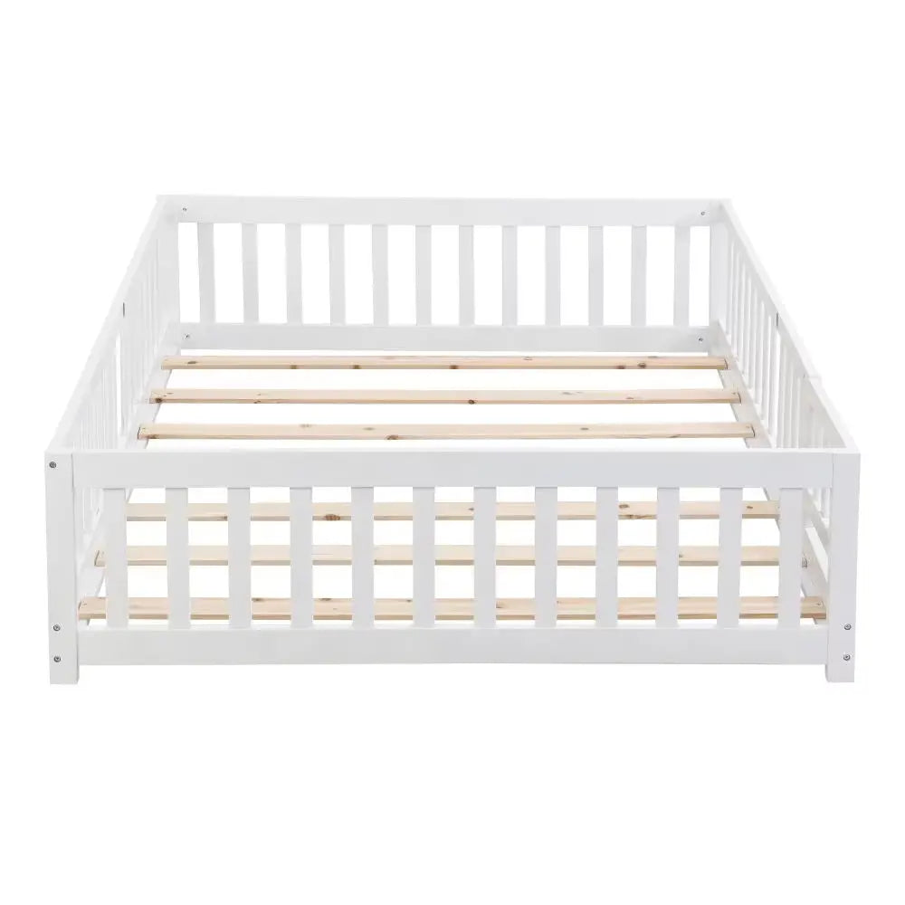 Twin Size Floor Bed With Door,Solid Wood Platform Bed Frame With Fence,Suitable For Children,Pine Wood, My Store
