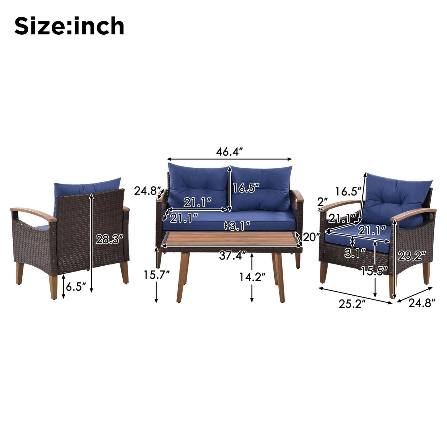 4-Piece Garden Furniture, Patio Seating Set, PE Rattan Outdoor Sofa Set, Wood Table And Legs, Brown And Blue Inkedjoy