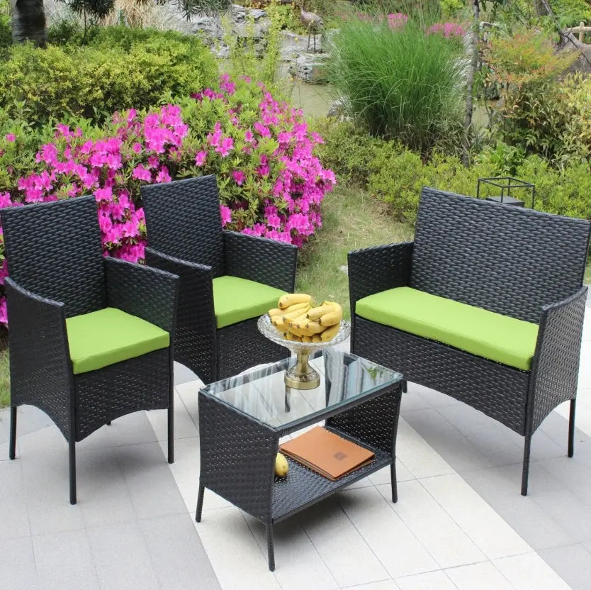 4PC Rattan Patio Furniture Set Outdoor Wicker Sofa W  Green Cushions My Store