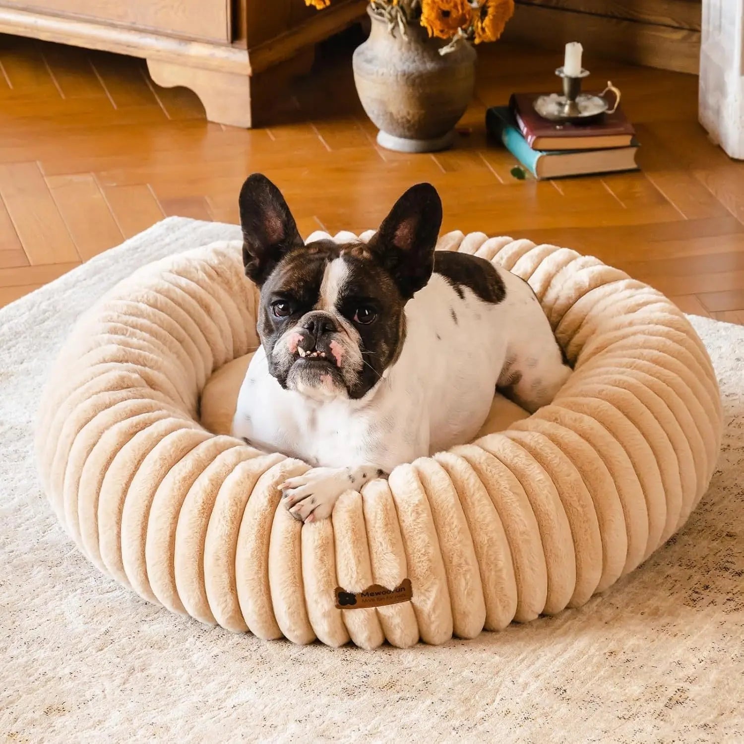 MEWOOFUN Donut Dog Bed For Medium Dogs - Calming Pet Bed With Non-Slip Bottom, Washable For Pets Up To 45 Lbs Light Brown My Store