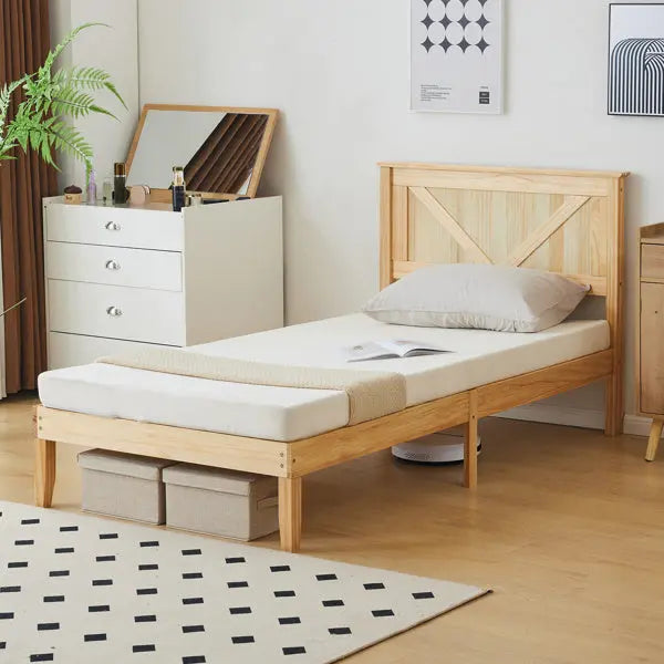 Slanted Headboard, No Footrest, Twin Wooden Bed In Natural Wood Color My Store