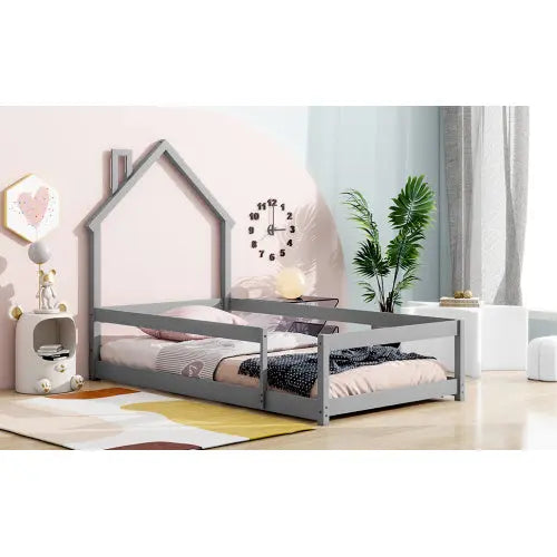 Twin Size Wood Bed With House-shaped Headboard Floor Bed With Fences,Grey My Store