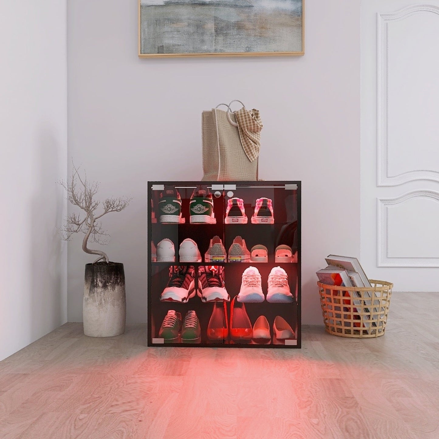 4-Layer Black Shoe Cabinet With Glass Door, LED Light Display Inkedjoy