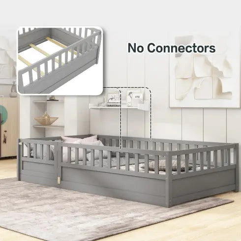 Twin Size Floor Bed, Integral Construction With Super High Security Barrier, Door, Children's Floor Bed Frame, Montessori Wooden Children's Floor Bed, Support Slat White My Store