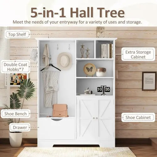 Multi-functional Hall Tree With Storage Shelves Drawers And Cabinet, Elegant Hallway Shoe Cabinet With Bench, Modern Coat Rack With Hooks For Hallway Entryways My Store