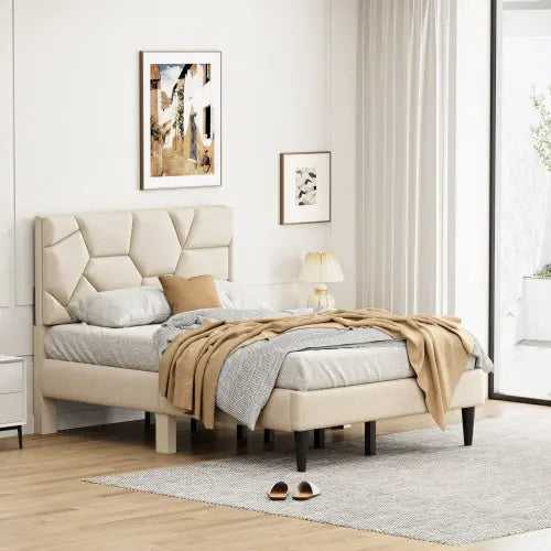 Queen Bed Frame, Linen Storage Headboard, Strong And Stable My Store