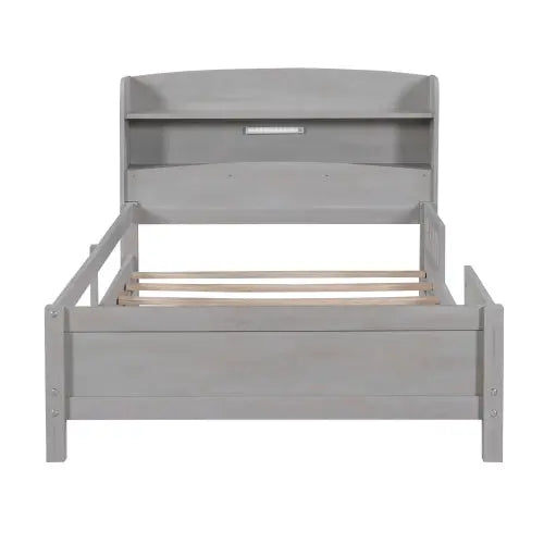 Wood Twin Size Platform Bed With Built-in LED Light, Storage Headboard And Guardrail, Antique Grey My Store