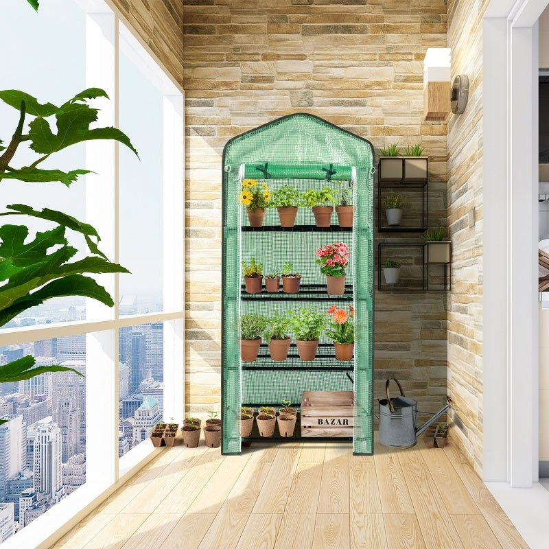 69x49x160cm PE Fabric Flower Room, Black Iron Pipe Pointed Mini Strip, 4-layer Grid Flower Rack With Zipper Roll Door Inkedjoy