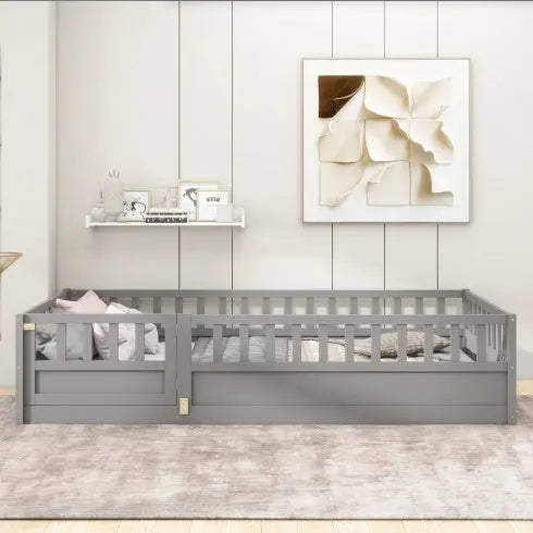 Twin Size Floor Bed, Integral Construction With Super High Security Barrier, Door, Children's Floor Bed Frame, Montessori Wooden Children's Floor Bed, Support Slat White My Store