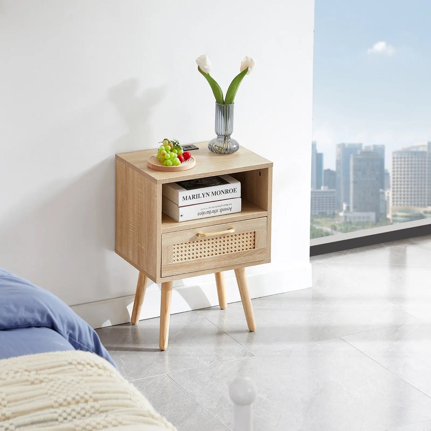 15.75 Rattan End Table With Power Outlet, USB Ports, Drawer Solid Wood My Store