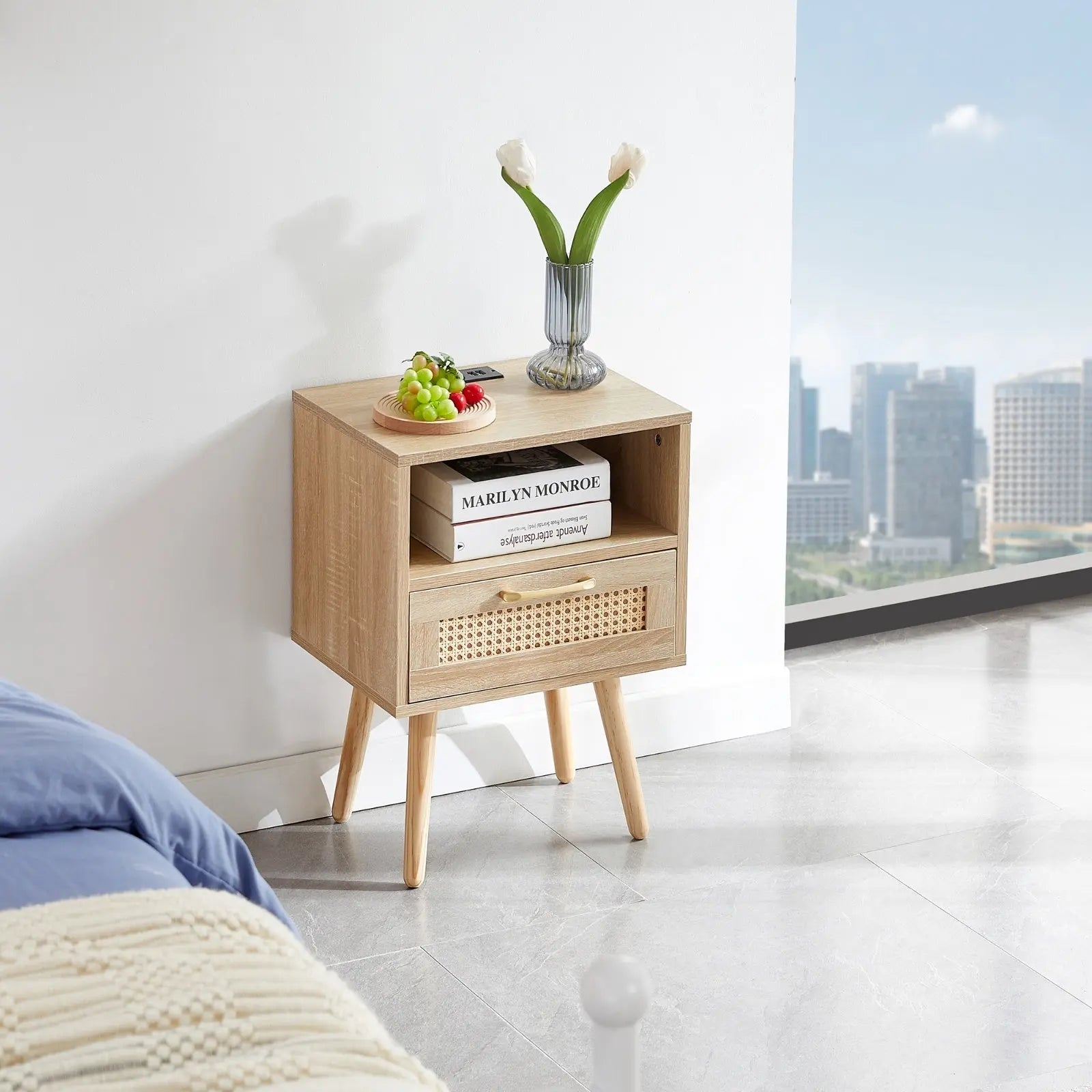 15.75  Rattan End Table With Power Outlet, USB Ports, Drawer   Solid Wood My Store
