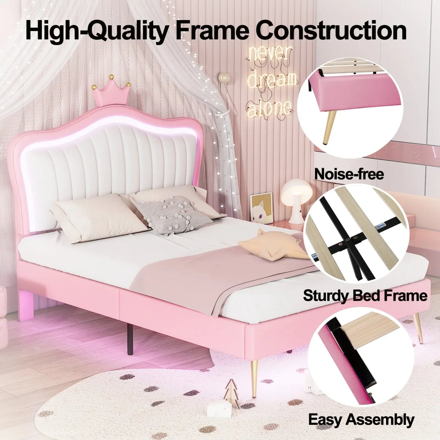 Full Size Upholstered Bed Frame With LED Lights & Crown Headboard My Store