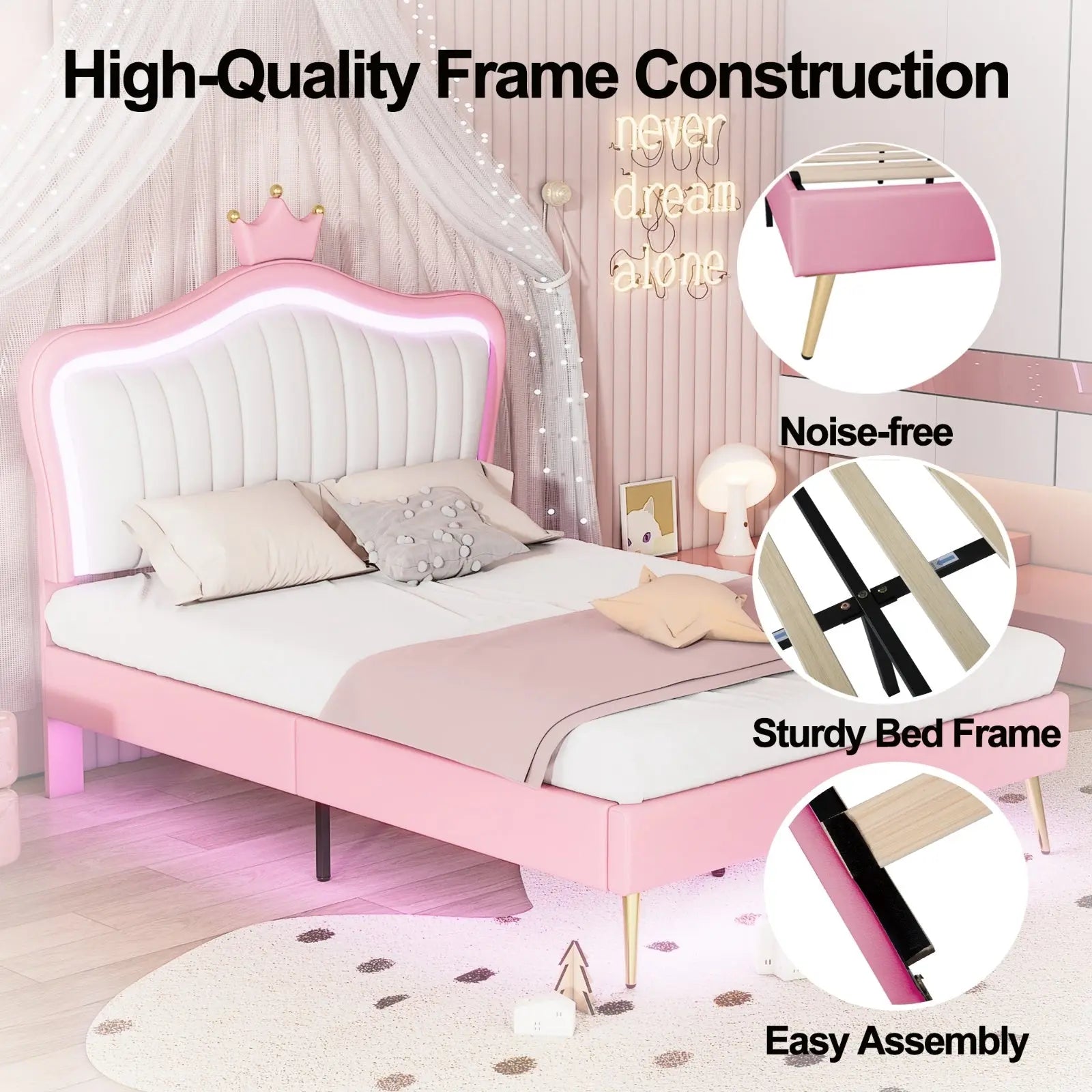 Full Size Upholstered Bed Frame With LED Lights & Crown Headboard My Store