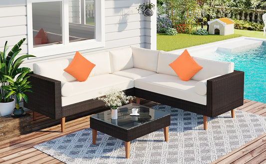 4-Piece Outdoor Wicker Sofa Set, L-Shape Patio Furniture With Colorful Pillows My Store