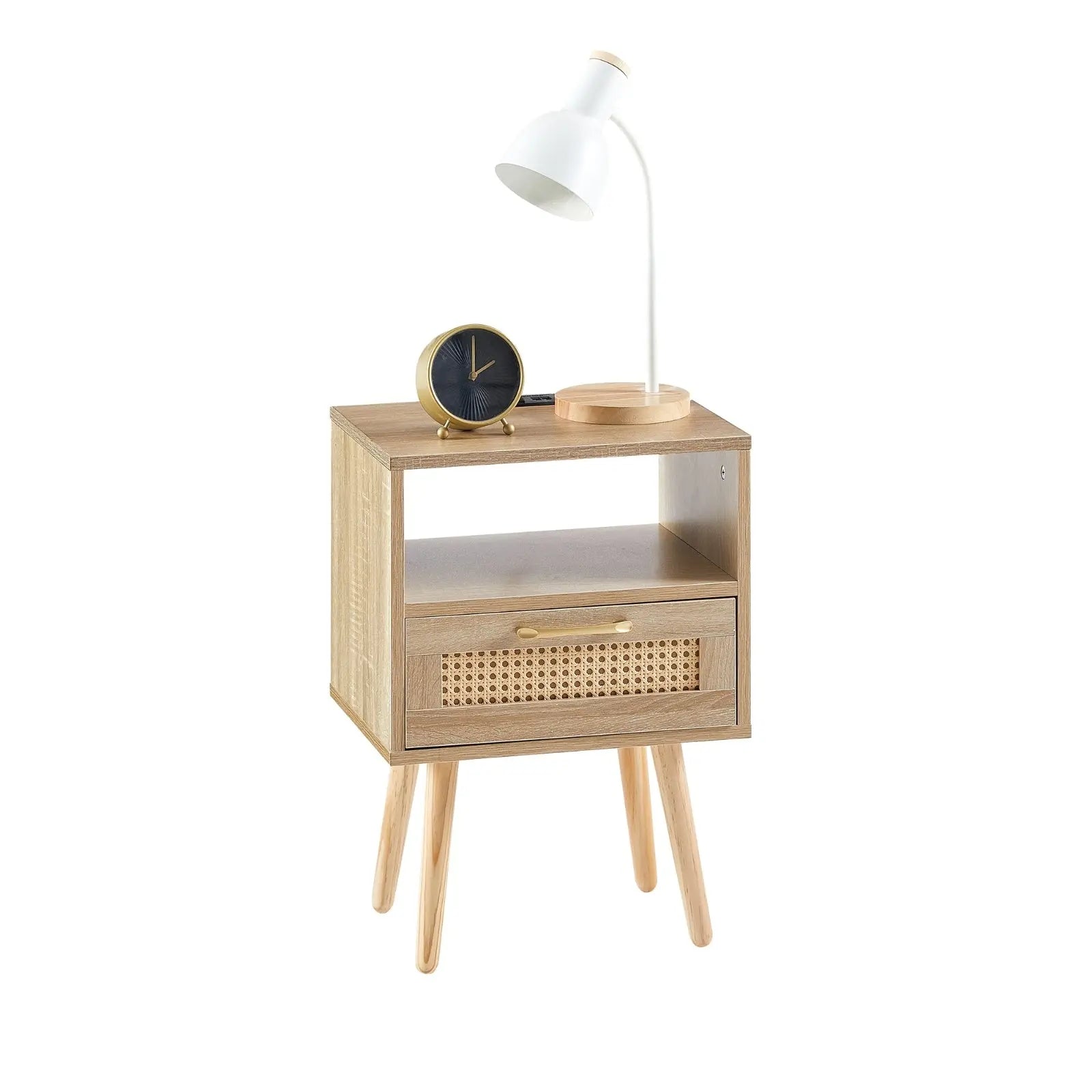 15.75  Rattan End Table With Power Outlet, USB Ports, Drawer   Solid Wood My Store