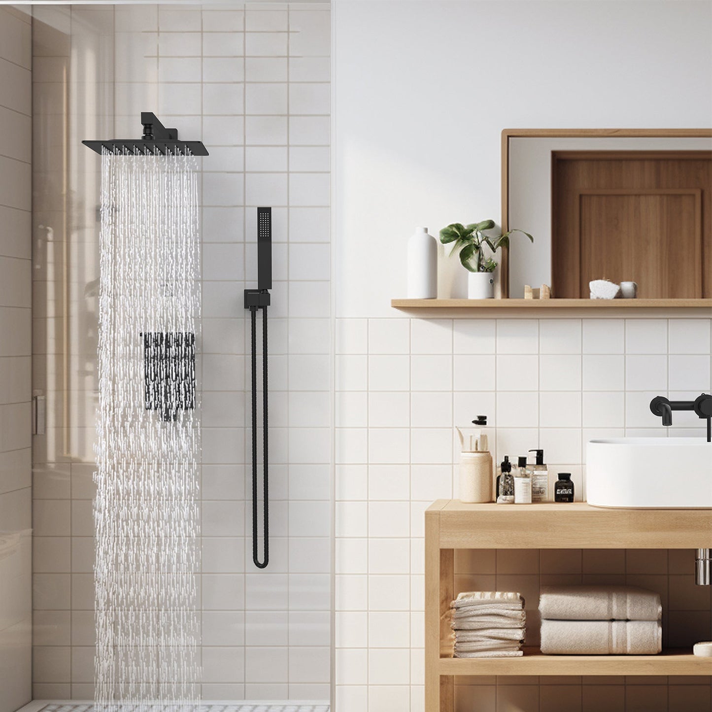 Rainfall Shower System With Storage Rack 10 Inch Shower Faucet Set Matte Black With High Pressure Inkedjoy
