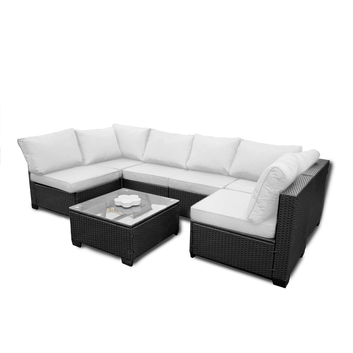 Seven-Piece Sofa Set Table With Sofa Chair Black PE Rattan With Color Cushion My Store