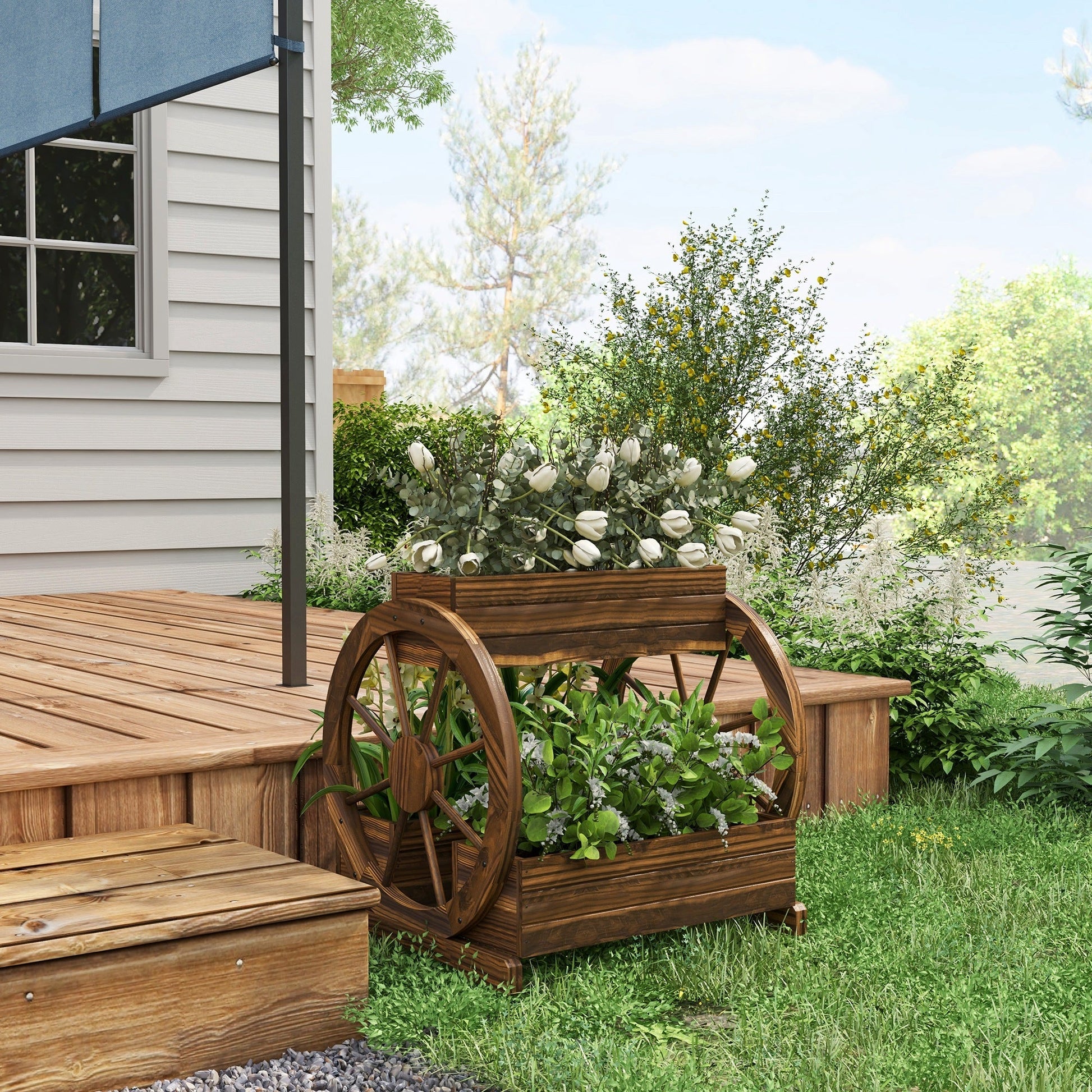 Wooden Wagon Planter Box, 3-Tier Raised Garden Bed, For Vegetables Flowers Herbs Ohberri