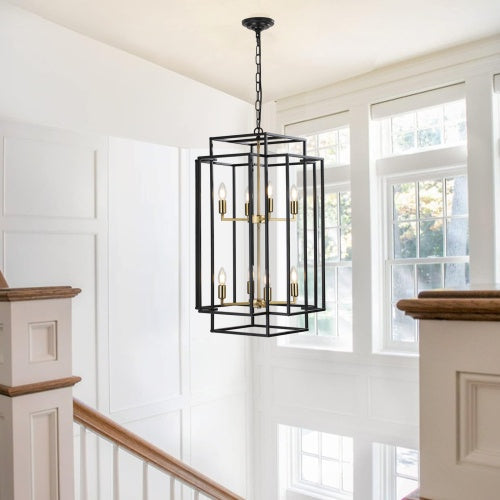 8 Lights Black & Gold Lantern Tiered Chandelier, Industrial Farmhouse Chandelier Inkedjoy