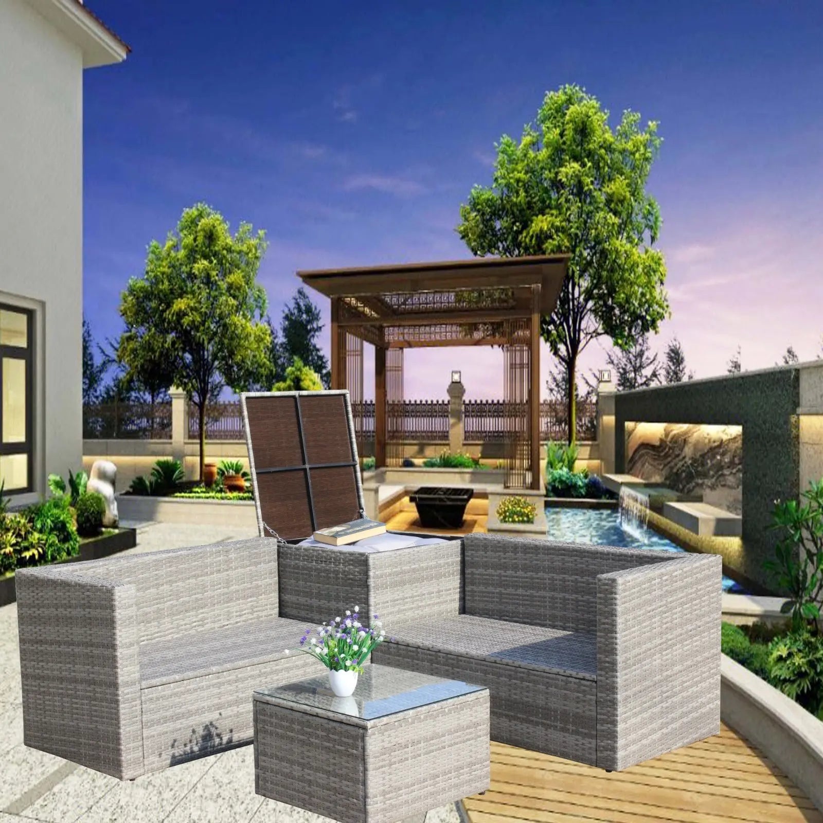 4Pc Patio Sectional Wicker Rattan Sofa Set W  Storage Box Grey My Store