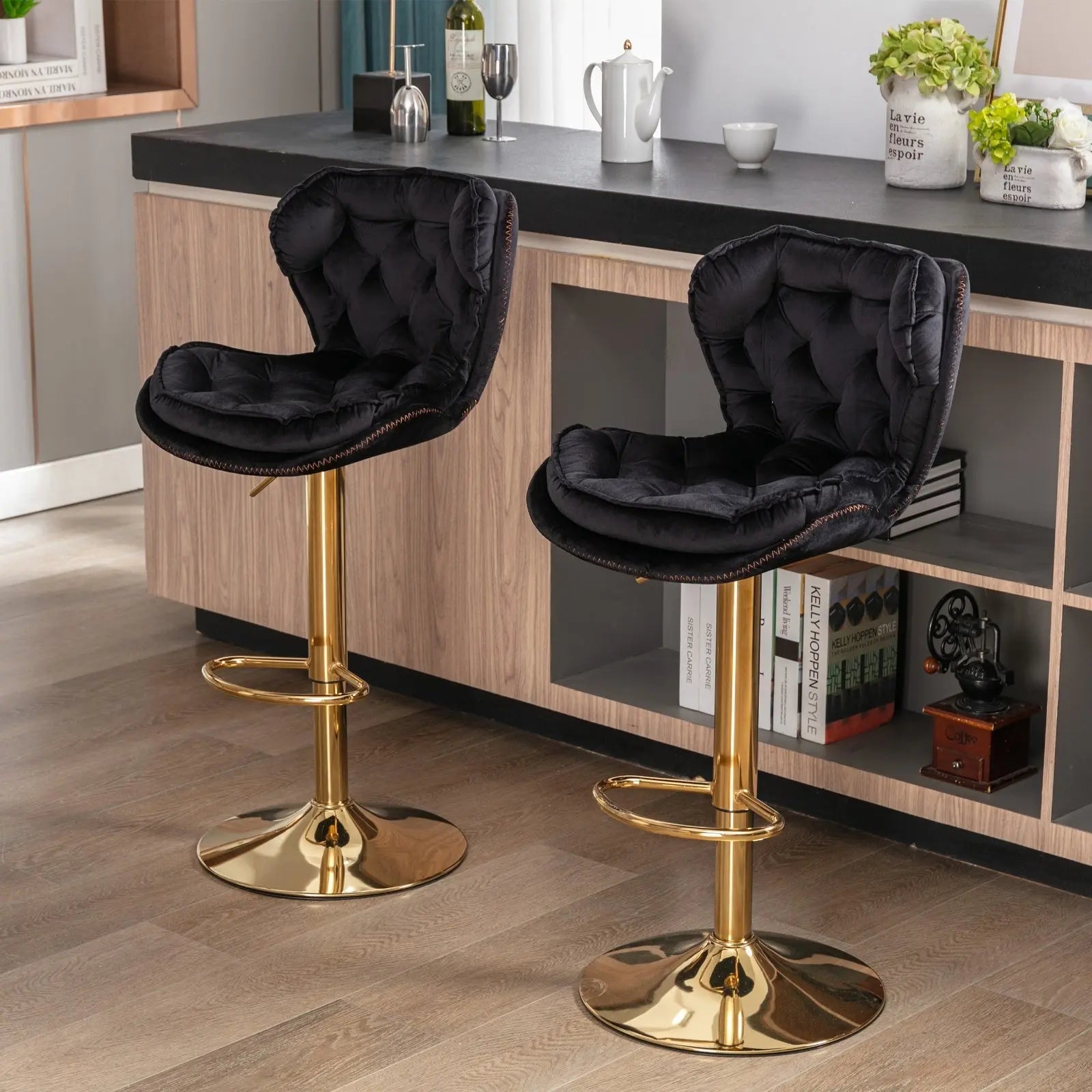 Set Of 2 Bar Stools Chrome Base, Swivel, Adjustable Height, Velvet My Store