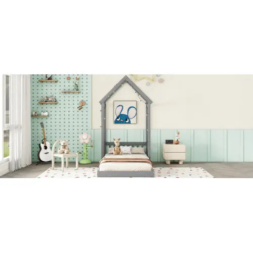 Twin House-shaped Roof Headboard Floor Bed,,without Slats,Grey My Store
