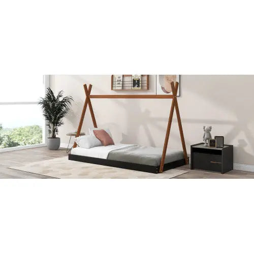 Twin Size Tent Floor Bed With Triangle Structure, Black Brown My Store