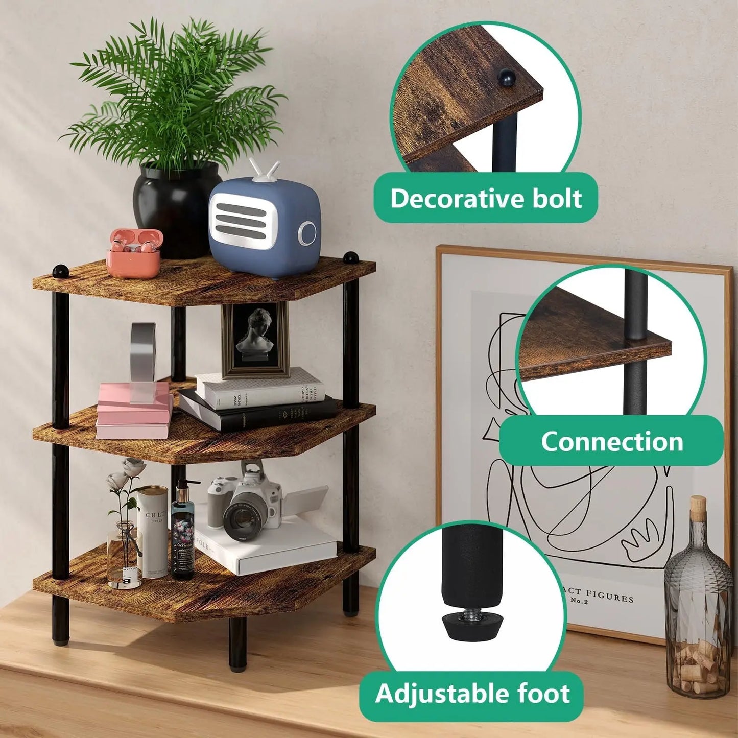 Desk Corner Shelves, Three-tier Corner Storage Shelves, Rustic Brown Shelves Suitable For Small Spaces, Suitable For Home Offices, Kitchens, Bathrooms My Store