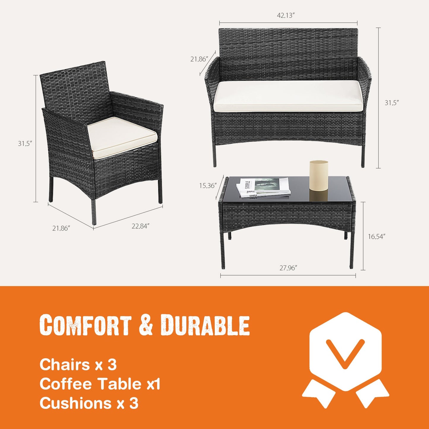 4 Pieces, Outdoor Furniture With Glass Table, Weaving Wicker Rattan Patio Chairs Inkedjoy
