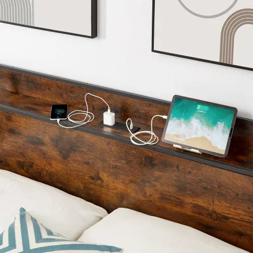 Bed Frame With Charging Station Full Size, Rustic Brown My Store