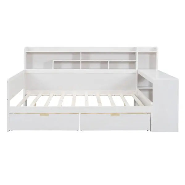 Wooden Full-size Sofa Bed With Storage Rack, Multifunctional Bed With Two Storage Drawers And Desk, Antique White My Store