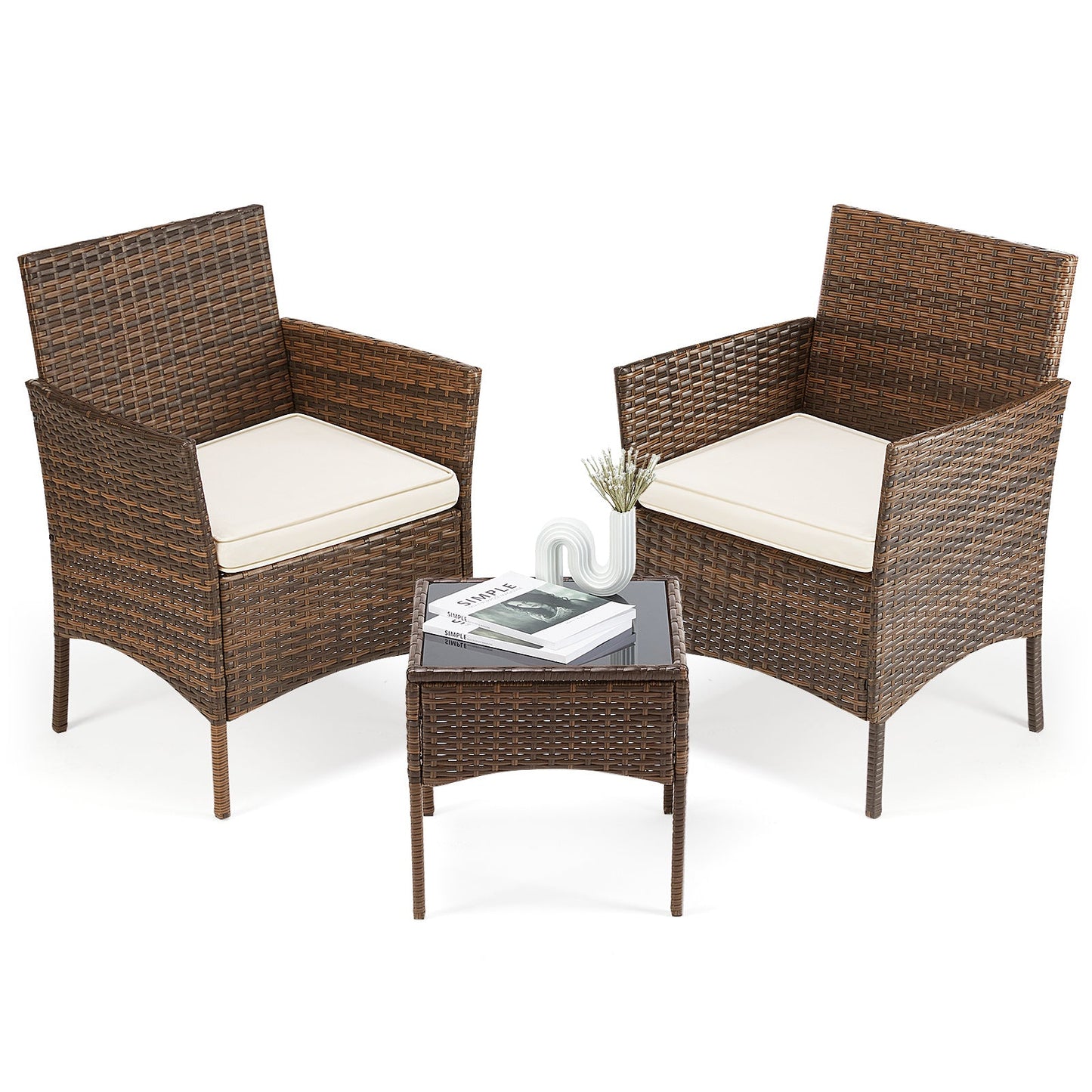 4 Pieces, Outdoor Furniture With Glass Table, Weaving Wicker Rattan Patio Chairs Inkedjoy