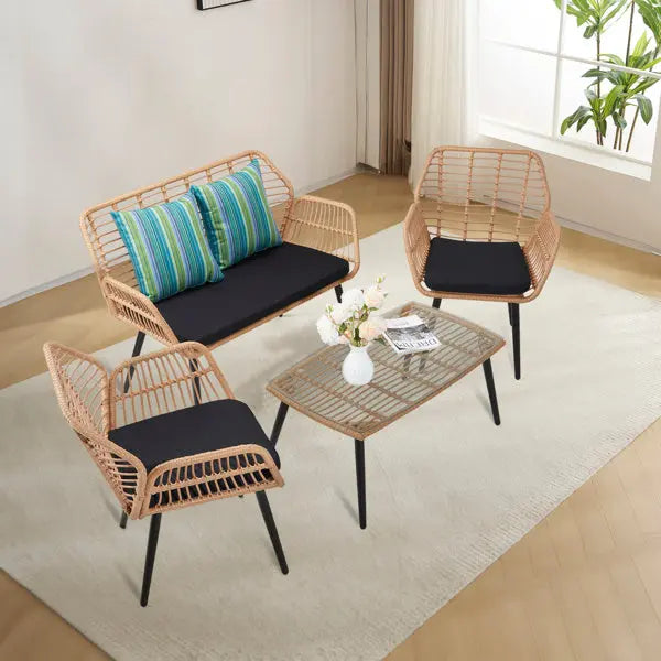 Yellow Round Rattan, Black Seat Cushion, Braided Rattan Four-piece Set My Store