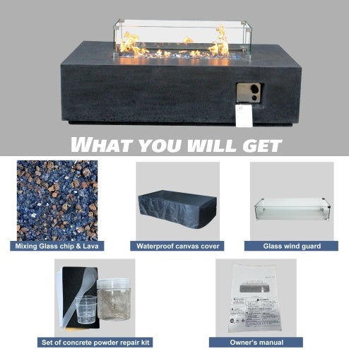 52 Inch Outdoor Concrete Propane Gas Rectangle Fire Pit Table In Dark Gray Color Inkedjoy