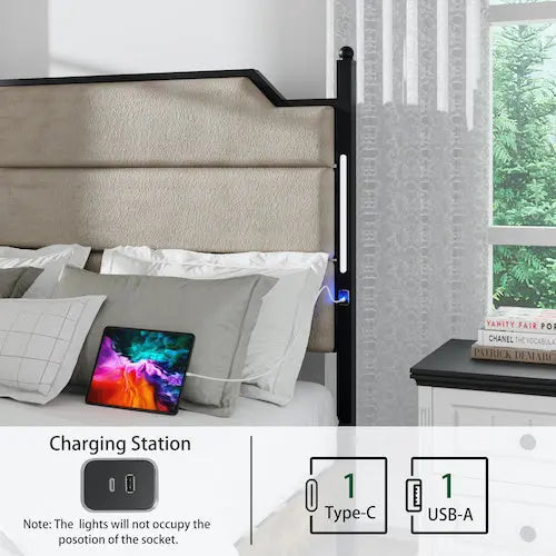 Queen Size Bed Frame With Upholstered Headboard Bed Frame With Charging Station And LED Lights, Wood Slats Brown My Store