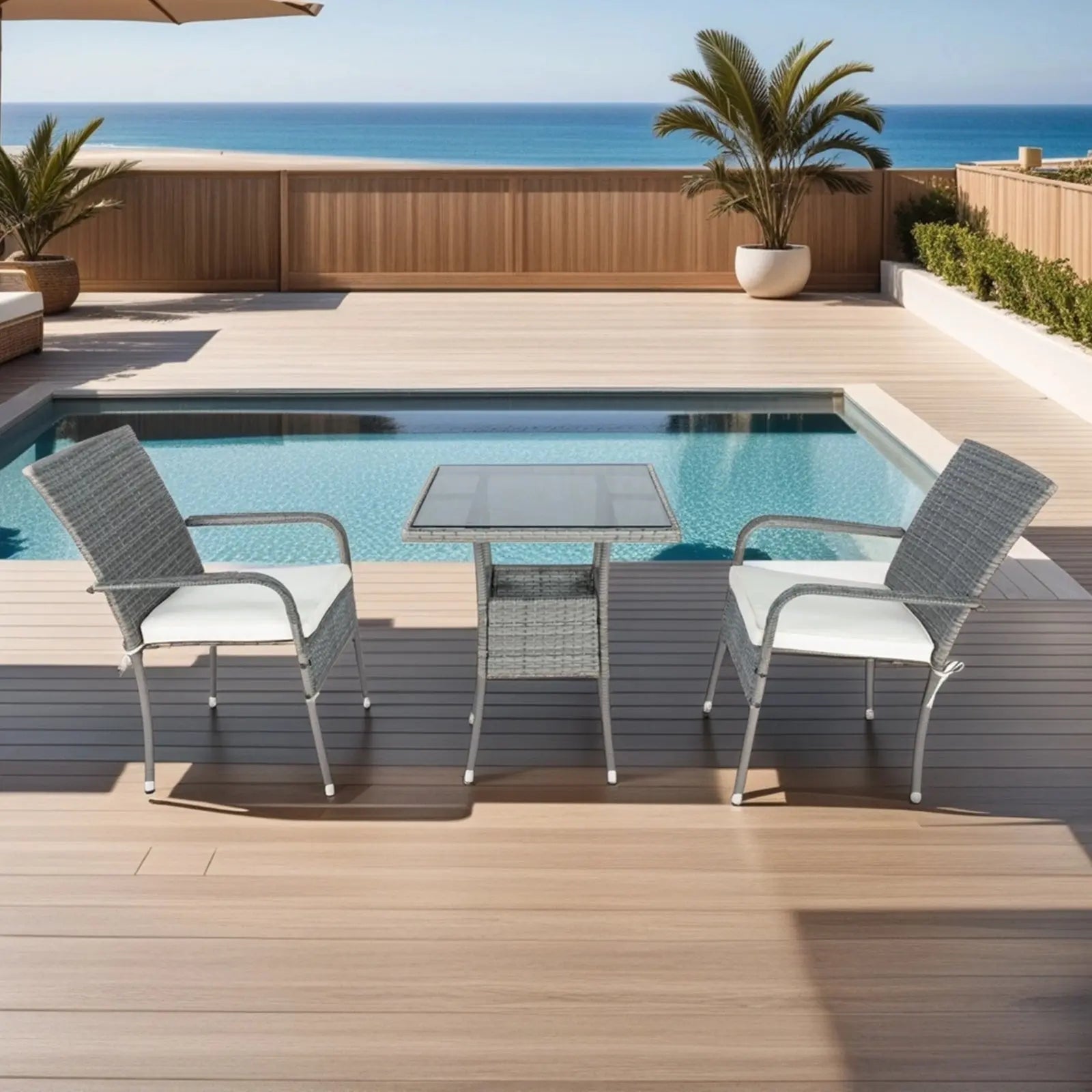 3 Piece Patio Wicker Conversation Set Grey Wicker  White Cushion My Store