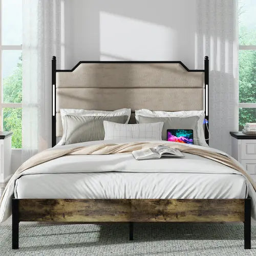 Queen Size Bed Frame With Upholstered Headboard Bed Frame With Charging Station And LED Lights, Wood Slats Brown My Store