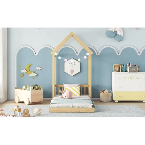Twin House-shaped Roof Headboard Floor Bed,,without Slats,Natural My Store
