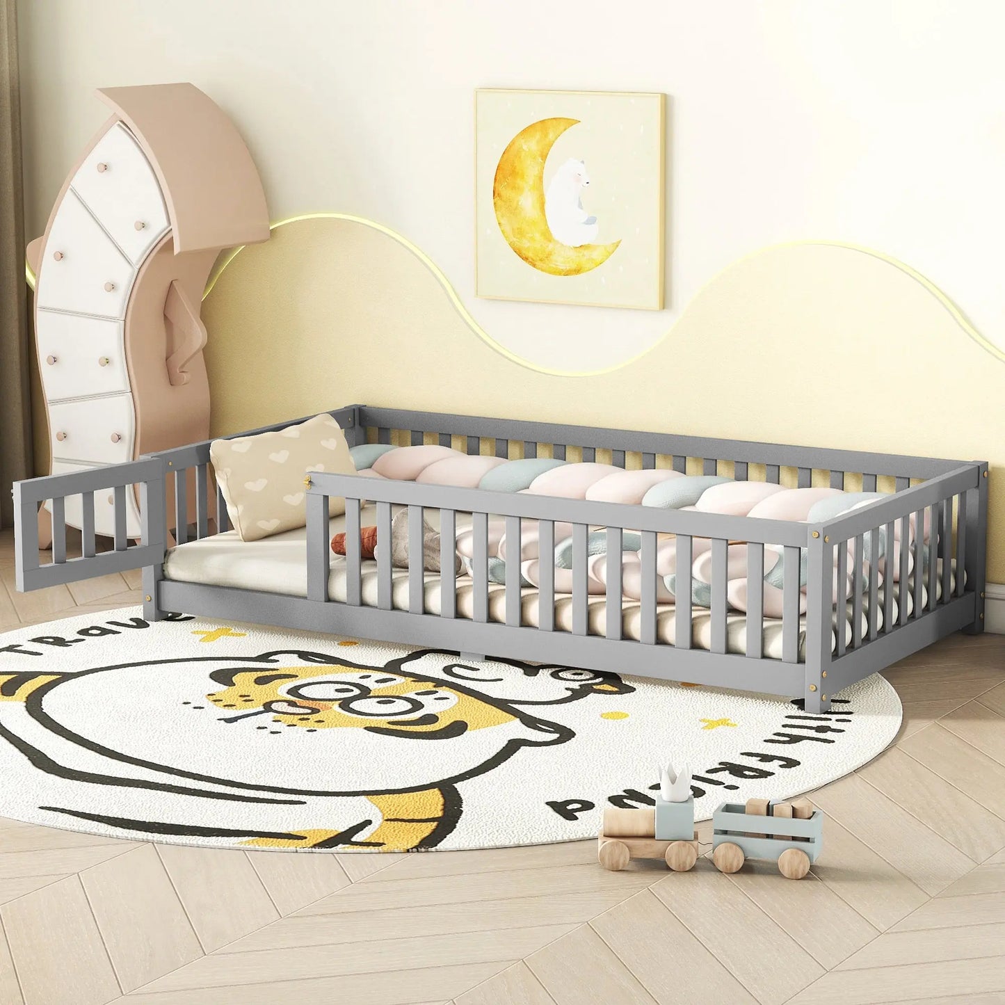Twin Size Bed Floor Bed With Safety Guardrails And Door For Kids, Gray My Store