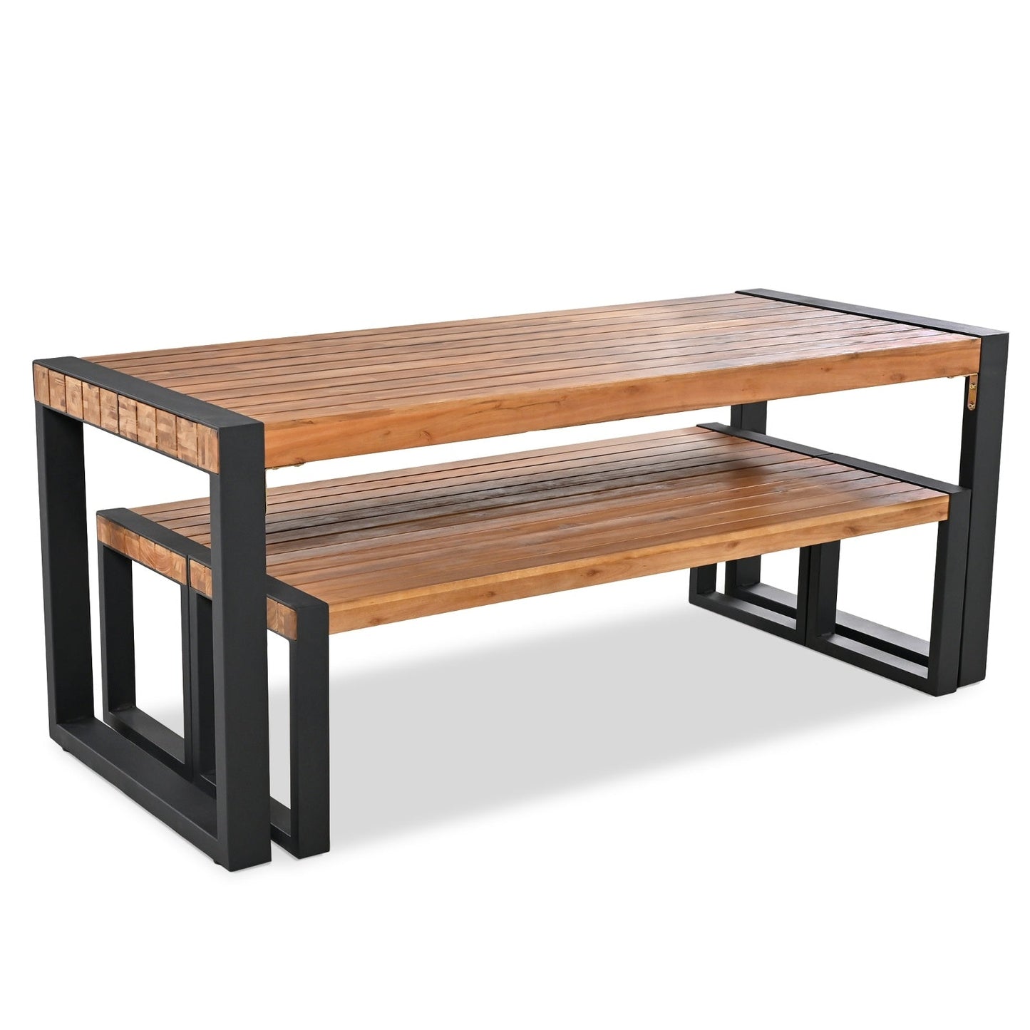 3-pieces Outdoor Dining Table With 2 Benches, Patio Dining Set With Unique Top Texture, Acacia Inkedjoy