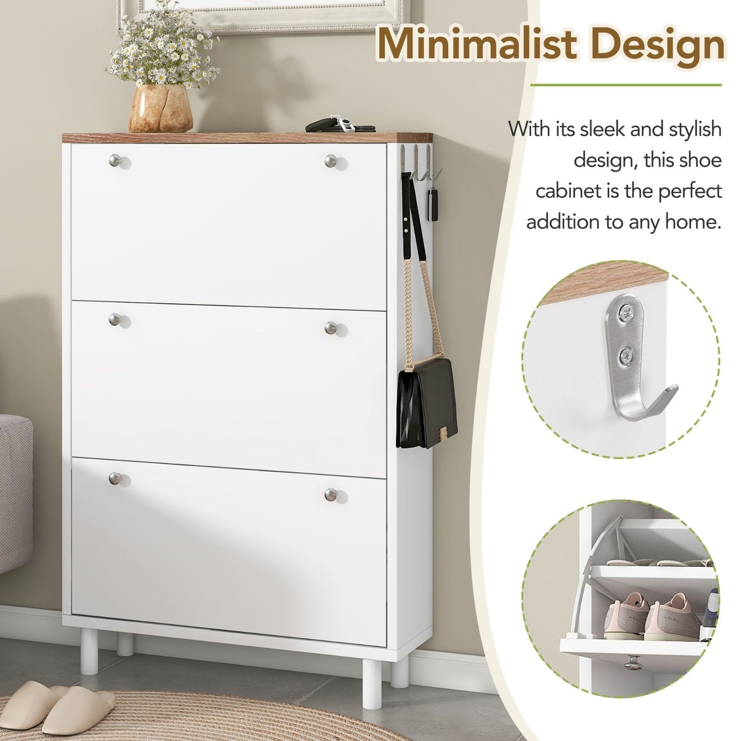 Narrow 3-Flip Drawer Shoe Cabinet Wood Grain Top Entryway Organizer Inkedjoy