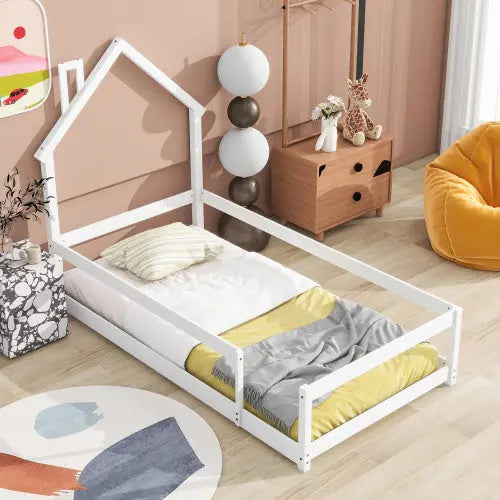 Twin Size Wood Bed With House-shaped Headboard Floor Bed With Fences,White My Store